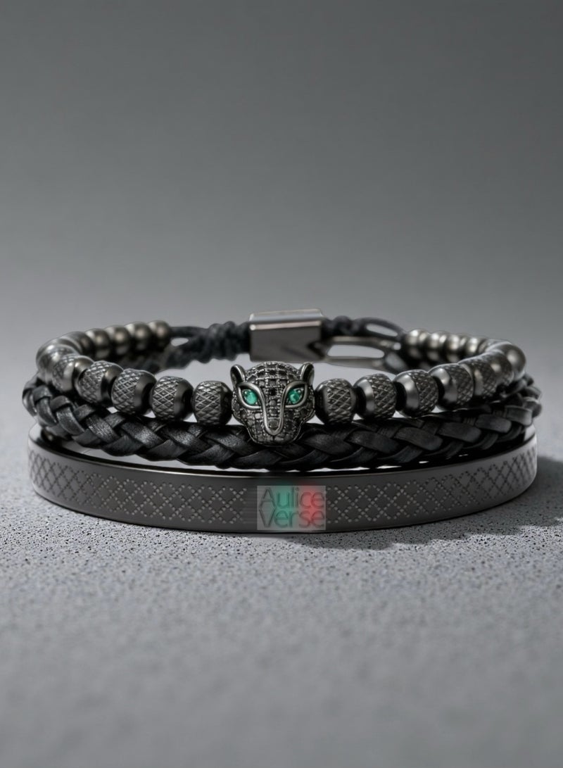 AuliceVerse Premium Stainless Steel Mens Bracelet 3-Piece Set, Black Leopard Head Design, 70G Heavy-Duty Style Bracelet for men - Image 1